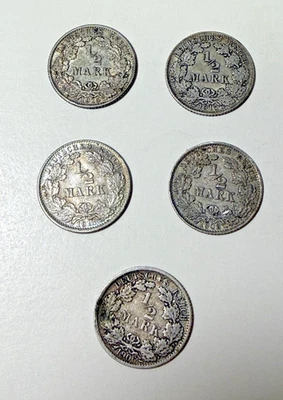 German Empire Five 1/2 Mark Silver Coins Lot 1906, 1908, 1915, 1915, 1918 90% Ag - Image 1 of 2