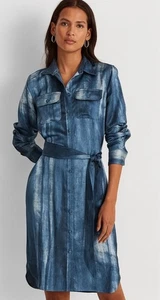 Lauren Ralph Lauren Tie-Dye Print Satin Belted Shirtdress Size 8 in Blue NEW - Picture 1 of 13