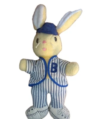 Vintage 50er Baseball Knickerbocker 19 Zoll Hase Plüsch gelb Kaninchen Nadelstreifen Uniform - Bild 1 von 4