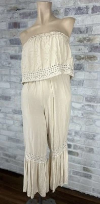 Japna кремовый фестиваль без бретелек комбинезон кружева расклешенные ноги причудливый пляжный богемное S - Изображение 1 из 4