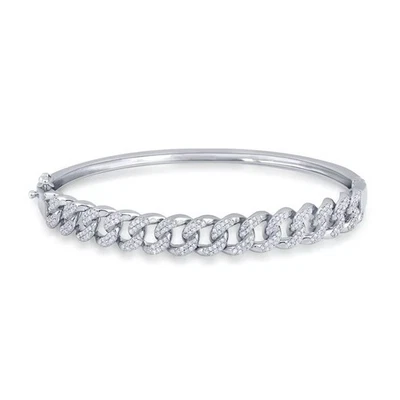0.94 cttw Diamond Cuban Link Chain Bangle Bracelet 10k White Gold - Image 1 of 2