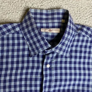 Luciano Barbera Shirt Mens Large Blue Plaid Button Up Long Sleeve Italy Casual - Picture 1 of 13