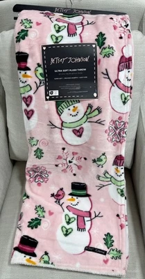 Betsey Johnson 圣诞粉色雪人和心形超柔软毛绒毯 BN — 第 1/3 张图片