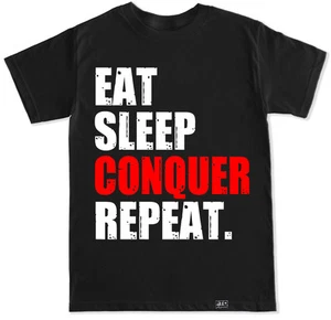 CAMISETA DE YOGA DIVERTIDA EAT SLEEP CONQUISTAR REPETICIÓN GIMNASIO ENTRENAMIENTO SENTADILLAS PESAS CORRER - Imagen 1 de 4