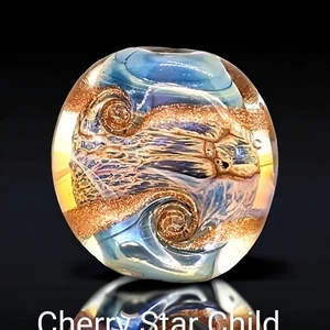 Stunning handmade glass focal bead blue silverglass gold flecks swirl encased - Picture 1 of 9