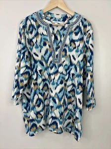 Chico’s Damen Gr. 3 blau hellbraun Ikat Perlen Leinen 3/4 Arm Tunika Bluse - Bild 1 von 13