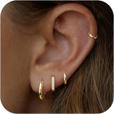 14K Gold Plated Small Huggie Hoop Earrings Set for Women, Hypoallergenic Jewelry - Image 1 of 4