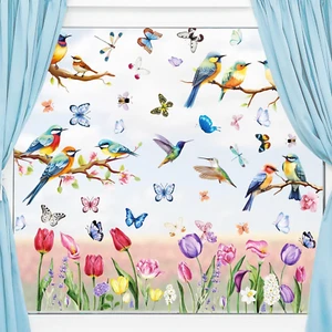 Fensteraufkleber,Fensterbilder Frühling,Schmetterling Fenstersticker,Vogel Blume - Bild 1 von 6