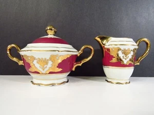 FANCY HUTSCHENREUTHER BAVARIA WEIMAR MAROON & GOLD DECOR SUGAR BOWL & CREAMER - Picture 1 of 5