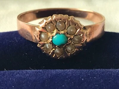 Victorian 9ct Rose Gold Turquoise and Seed Pearl Antique Ring - Size R - Image 1 of 4