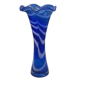 handkerchief vase cobalt blue white fluted swirl 12.5" tall 3.5" base 6.25" READ - Picture 1 of 8