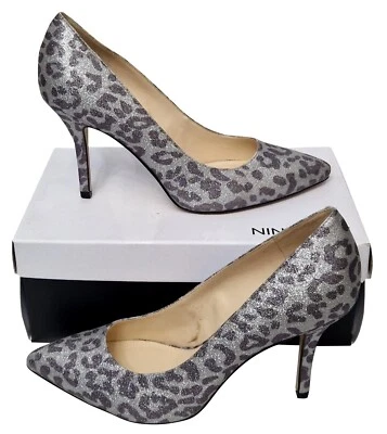 NINE WEST Ladies Flagship Silver Grey Glitter Leopard Print Court Shoes MRRP £79 - Image 1 of 4