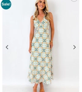 💥 GINGHAM AND HEELS blue Yellow Floral Tile Long Maxi Dress 14 L - Bild 1 von 9