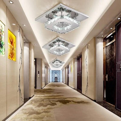 Crystal LED Ceiling Light Modern Square Chrome Lamp Fitting Pendant Chandelier - Image 1 of 4