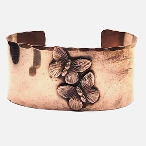 Southwestern Handcrafted Wide Copper Cuff Applied Butterfly Pair Vtg Bracelet - Picture 1 of 24