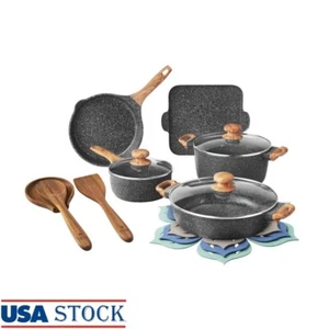 14pc Nonstick Cast Aluminum Cookware Set W/ Glass Lids Utensils & Pan Protectors - Picture 1 of 5