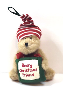 New ListingBoyds Bears Beary Christmas Friend Plush Ornament Striped Cap Holding Pillow 6"