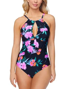 Island Escape BLACK MULTI Poolside One-Piece Swimsuit US 12 - Picture 1 of 2