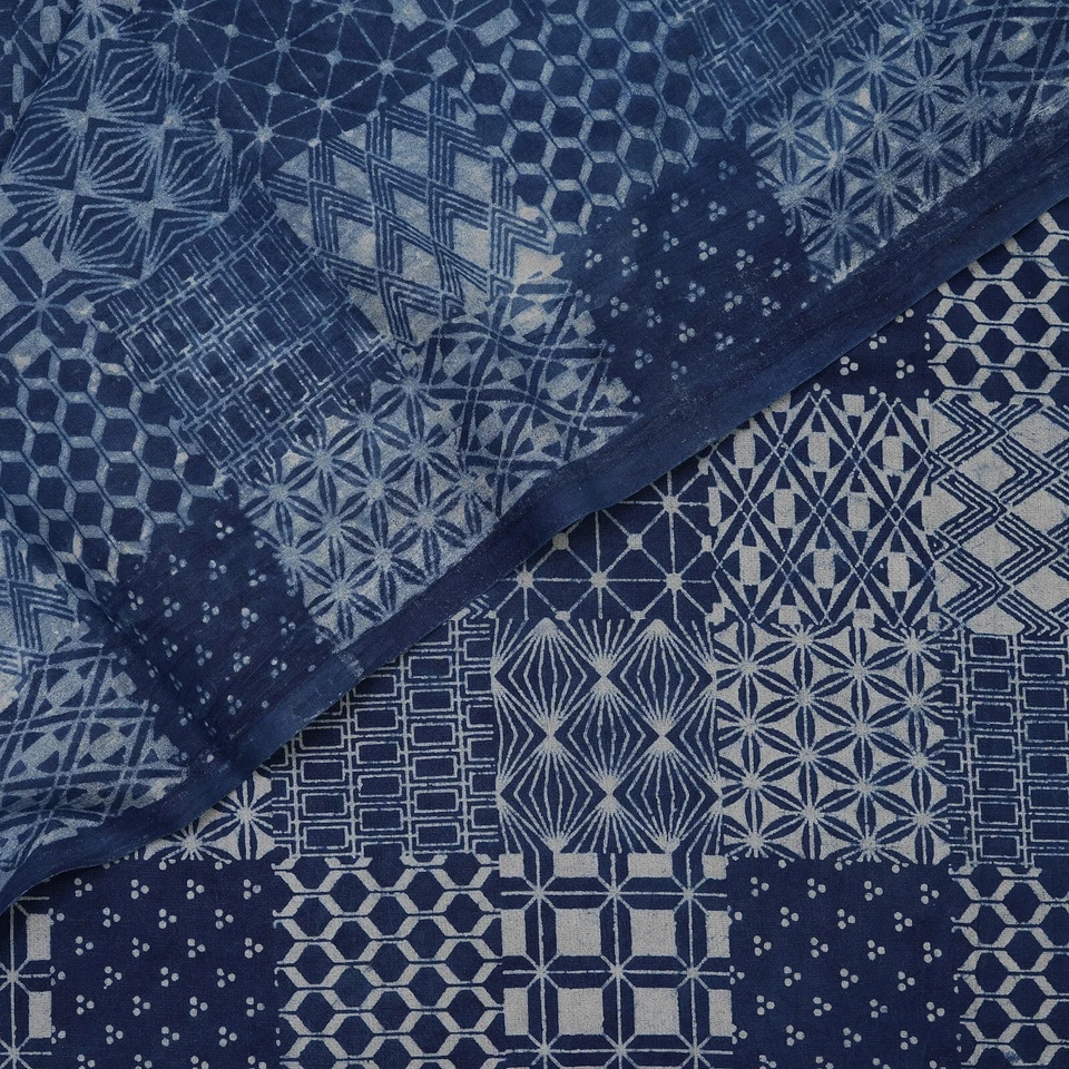 Patchwork Block Print 100% Cotton Running Craft Blue Dress Fabric By The Yard 01 - Image 1 of 4