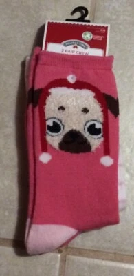 Vacaciones Navidad 2 Pares Calcetines Crew Pug Perro Mujer Talla 4-10 NUEVO Foto 1 de 2