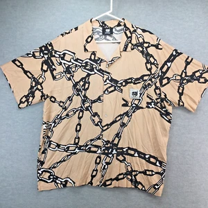 G59 Records Chain Link Button Up Camp Shirt Mens Size XL Tan Black Rayon - Picture 1 of 6