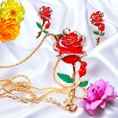 Juego Pendientes Collar Rosa Cristal Rojo y Blanco Chapado en Oro Foto 1 de 4