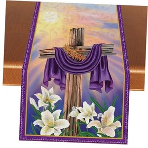 Linen Happy Easter Table Runner He is Risen Tablecloth Christian Cross Easter - Picture 1 of 8