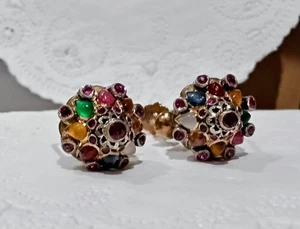 1940's 12K Gold Earrings Screw Back Multi Gem Cluster Cabochon Facets Navaratna - Picture 1 of 21