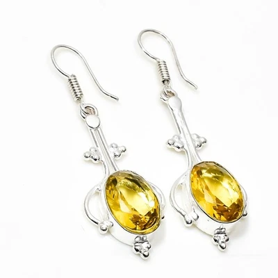 925 Sterling Silver Yellow Citrine Gemstone Handmade Jewelry Earring Size-1.8" - Image 1 of 4