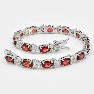 15Ctw Oval Cut Lab-Created Red Ruby Tennis Bracelet 14K White Gold Plated Silver - Picture 1 of 10