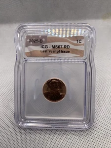 2025-D Lincoln Shield Cent ICG MS67 RD - Last Year of Issue - Picture 1 of 3