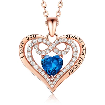 Collar Piedra Zafiro Oro Rosa 18K Plata Corazón Colgante Piedra Natal Collar Foto 1 de 4