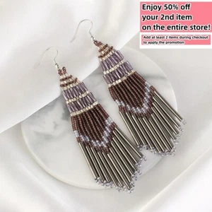 BOHO Seeds Beaded Earrings Fringe Tassel Bohemian Dangle Drop Handmade Jewelry - Picture 1 of 4