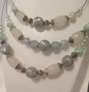Tiered Silver Tone Capped Natural Stone & Lucite Faceted Bead Necklace - Picture 1 of 4