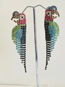 Macaw Parrot Glitzy Earrings VTG Crystal Rhinestone Dangle Statement Colorful - Picture 1 of 6