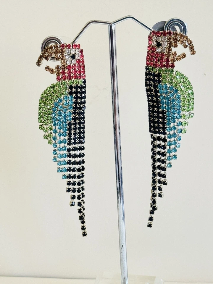 Brincos brilhantes papagaio arara vintage cristal strass pendurado declaração colorida - Imagem 1 de 4