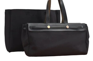 Authentic HERMES Her Bag Cabas PM & GM 2Way Shoulder Tote Bag Navy Blue 5370M - Picture 1 of 10