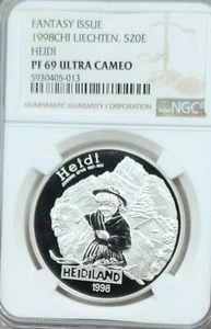 1998 LIECHTENSTEIN SILVER 20 EURO HEIDI NGC PF 69 ULTRA CAMEO BEAUTIFUL COIN - Picture 1 of 4