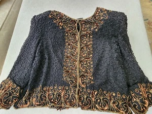 Vintage Mary McFaddon Black Beaded & 100% Silk Evening Jacket Sz L - Picture 1 of 8