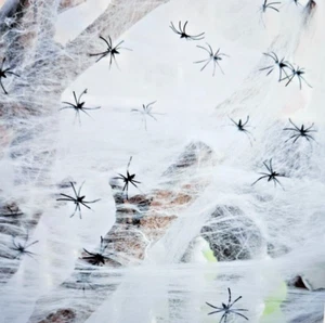 1000 pies cuadrados de decoración de telarañas de araña de Halloween, súper elástica hágalo usted mismo telarañas bono con - Imagen 1 de 4