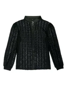 Simone Aviv Black Lace Button Down Blouse 8 M Satin Trim Gift Idea - Picture 1 of 7
