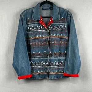 JANE ASHLEY Denim Jacket Womens M Blue Embroidered Red Trim Button Front Western - Picture 1 of 11