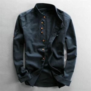 Hommes Coton Lin Chemise Habillé Rétro Manches Longues Col Mao Bouton Grenouille - Photo 1/7