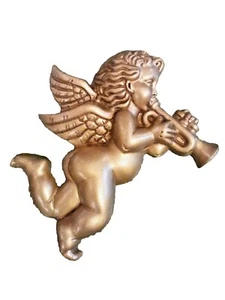Vintage Cherub Trumpet Wall Plaque 3D Styrofoam Hollywood Regency Retro - Picture 1 of 6