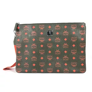 MCM Vicetos logo Pouch with strap, Bicolor Clutch bag Leather khaki/Orange - Picture 1 of 13