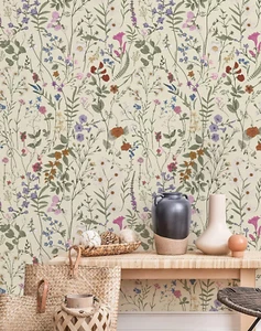 Floral Wallpaper Peel and Stick - Farm Floral Wall Paper Wildwood Self 17.3"x118 - Picture 1 of 12
