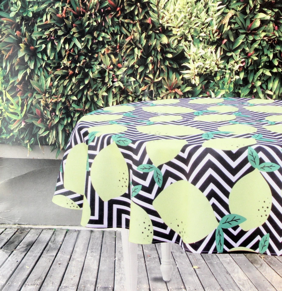 70 Inch Round Tablecloth with Lemon and Chevron Design Fabric Easy Care New - Image 1 of 4