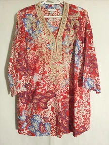 Charter Club Weekend-Red Blue White Floral Embroidered 3/4 Sleeve Light Top-0X - Picture 1 of 6
