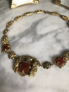 Vintage Victorian Edwardian Carnelian Embossed Repousse Roses & Brass Necklace - Picture 1 of 4
