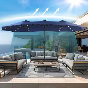 15FT Patio Double-Sided Umbrella with Solar LED Lights Outdoor Umbrella Navy - Picture 1 of 10